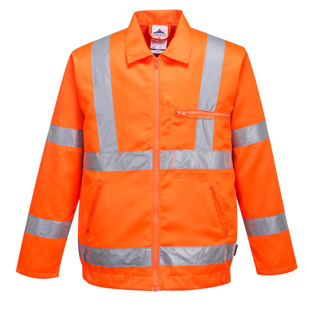 A high-visibility orange jacket featuring retroreflective tape panels, suitable for a wide range of outdoor and site work applications.