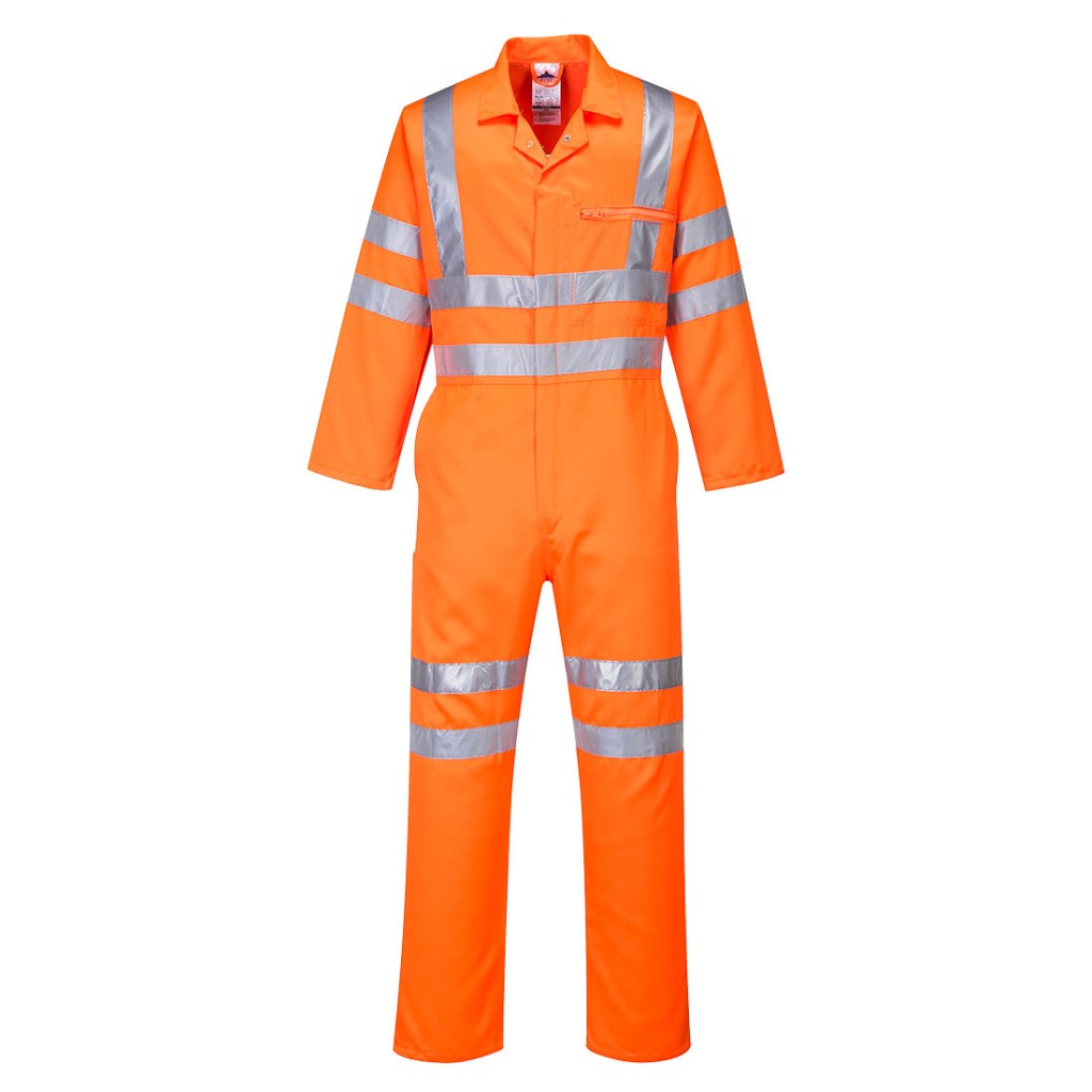A high-visibility orange coverall featuring retroreflective tape panels, suitable for a wide range of outdoor and site work applications.