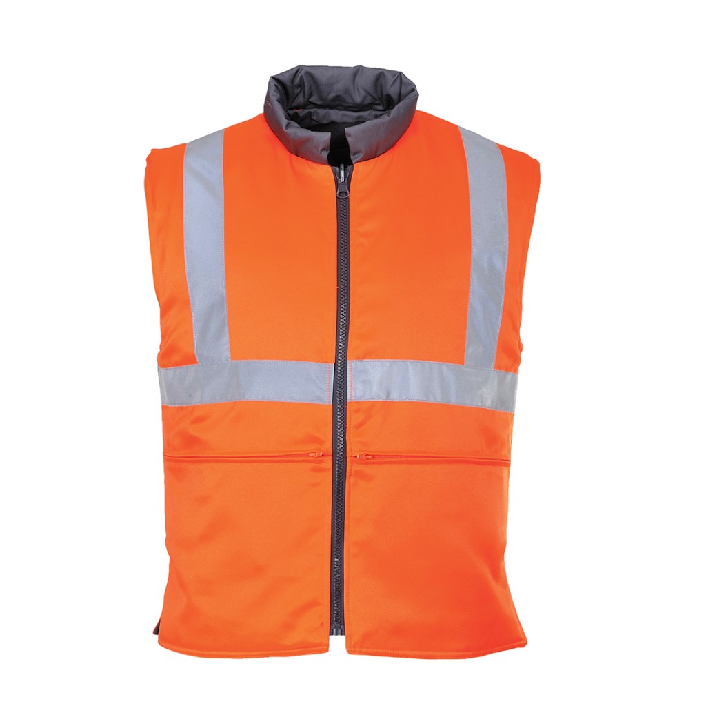 A high-visibility orange workwear garment featuring retroreflective tape panels, suitable for a wide range of outdoor and site work applications.