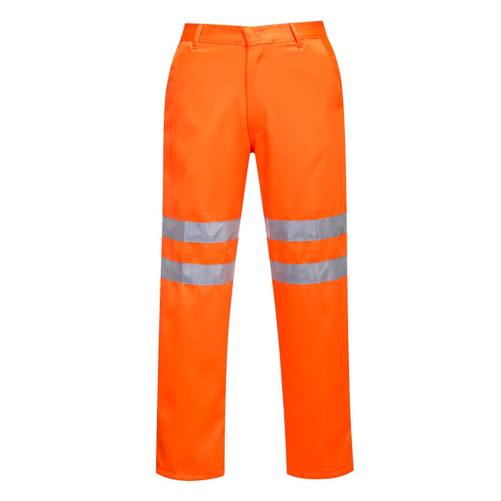 A pair of high-visibility orange trousers featuring retroreflective tape panels, suitable for a wide range of outdoor and site work applications.