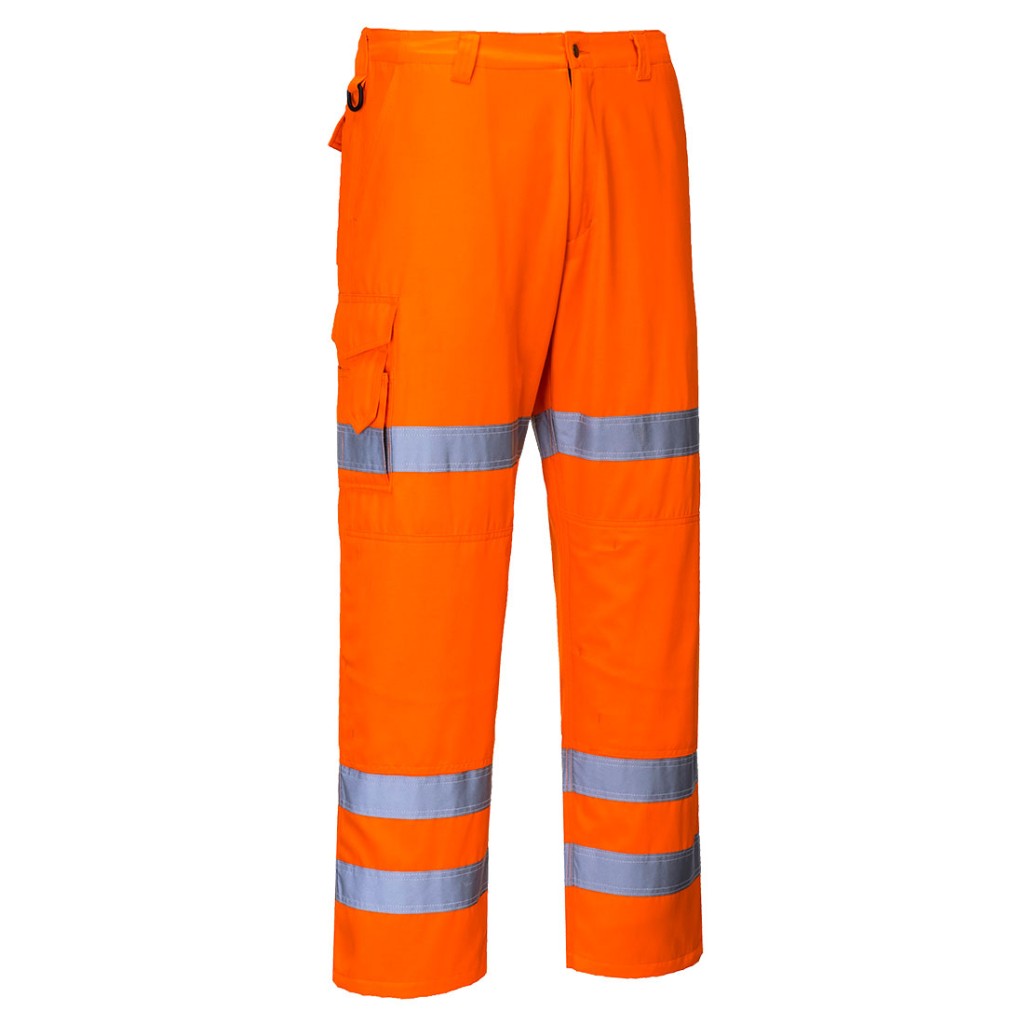 A pair of high-visibility orange trousers featuring retroreflective tape panels, suitable for a wide range of outdoor and site work applications.