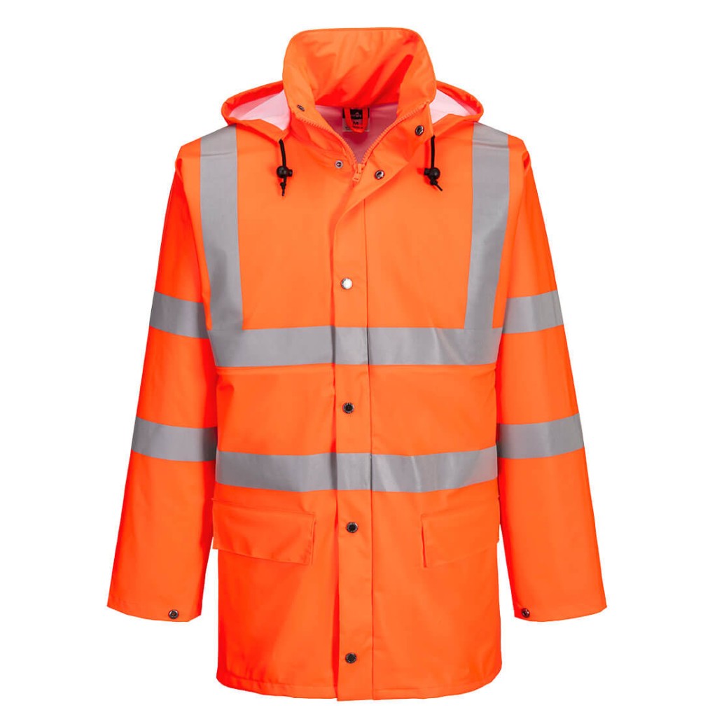 A high-visibility orange waterproof jacket featuring retroreflective tape panels, suitable for a wide range of outdoor and site work applications.