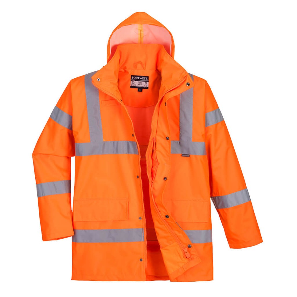 A high-visibility orange waterproof jacket featuring retroreflective tape panels, a breathable membrane, suitable for a wide range of outdoor and site work applications.
