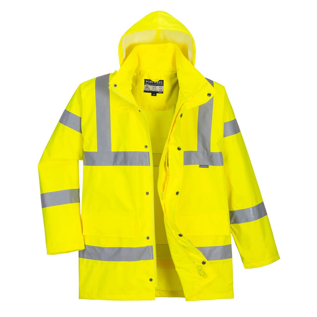 A high-visibility yellow waterproof jacket featuring retroreflective tape panels, a breathable membrane, suitable for a wide range of outdoor and site work applications.