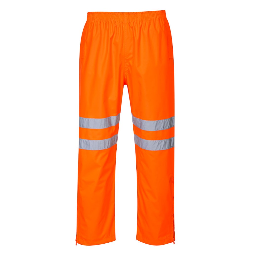 A pair of high-visibility orange trousers featuring retroreflective tape panels, a breathable membrane, suitable for a wide range of outdoor and site work applications.