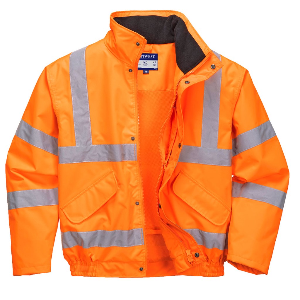 A high-visibility orange waterproof jacket featuring retroreflective tape panels, a breathable membrane, suitable for a wide range of outdoor and site work applications.