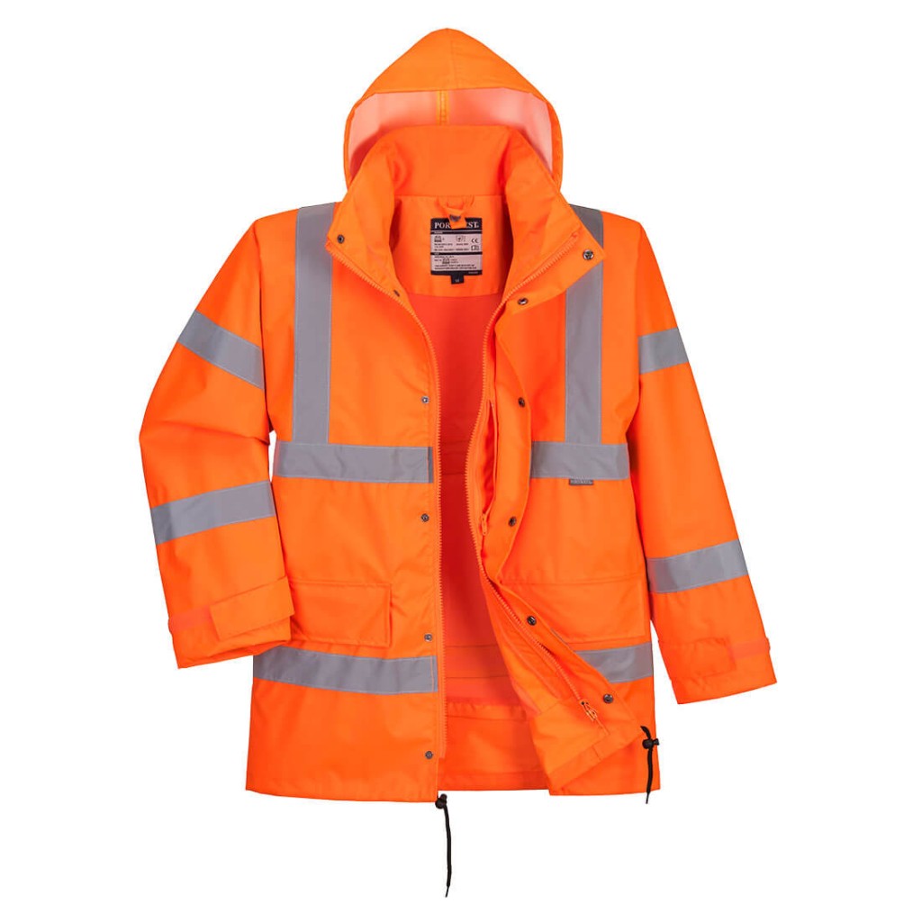 A high-visibility orange waterproof jacket featuring retroreflective tape panels, a breathable membrane, suitable for a wide range of outdoor and site work applications.