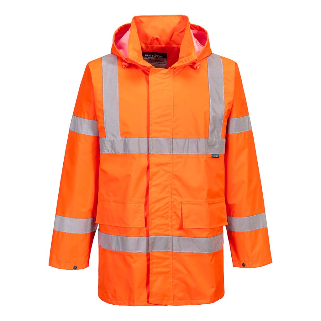 A high-visibility orange waterproof jacket featuring retroreflective tape panels, suitable for a wide range of outdoor and site work applications.