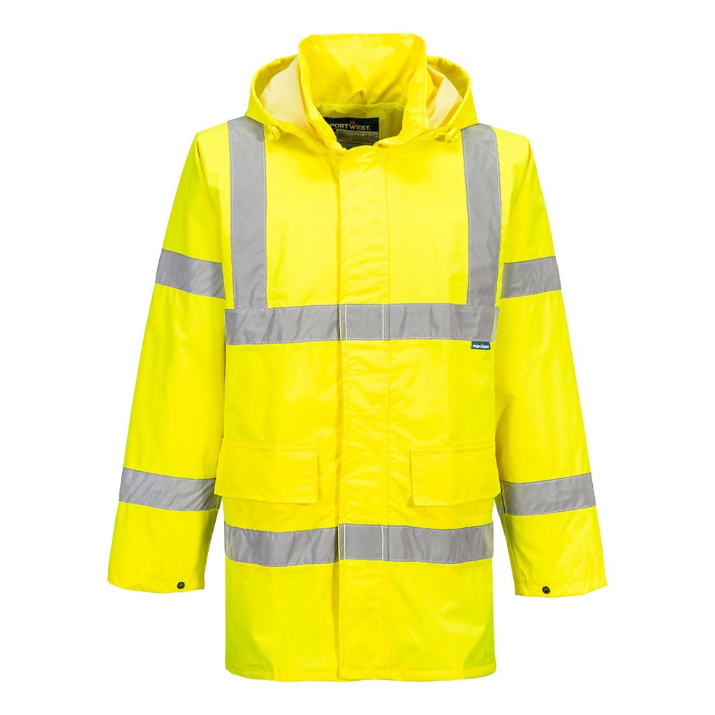 A high-visibility yellow waterproof jacket featuring retroreflective tape panels, suitable for a wide range of outdoor and site work applications.