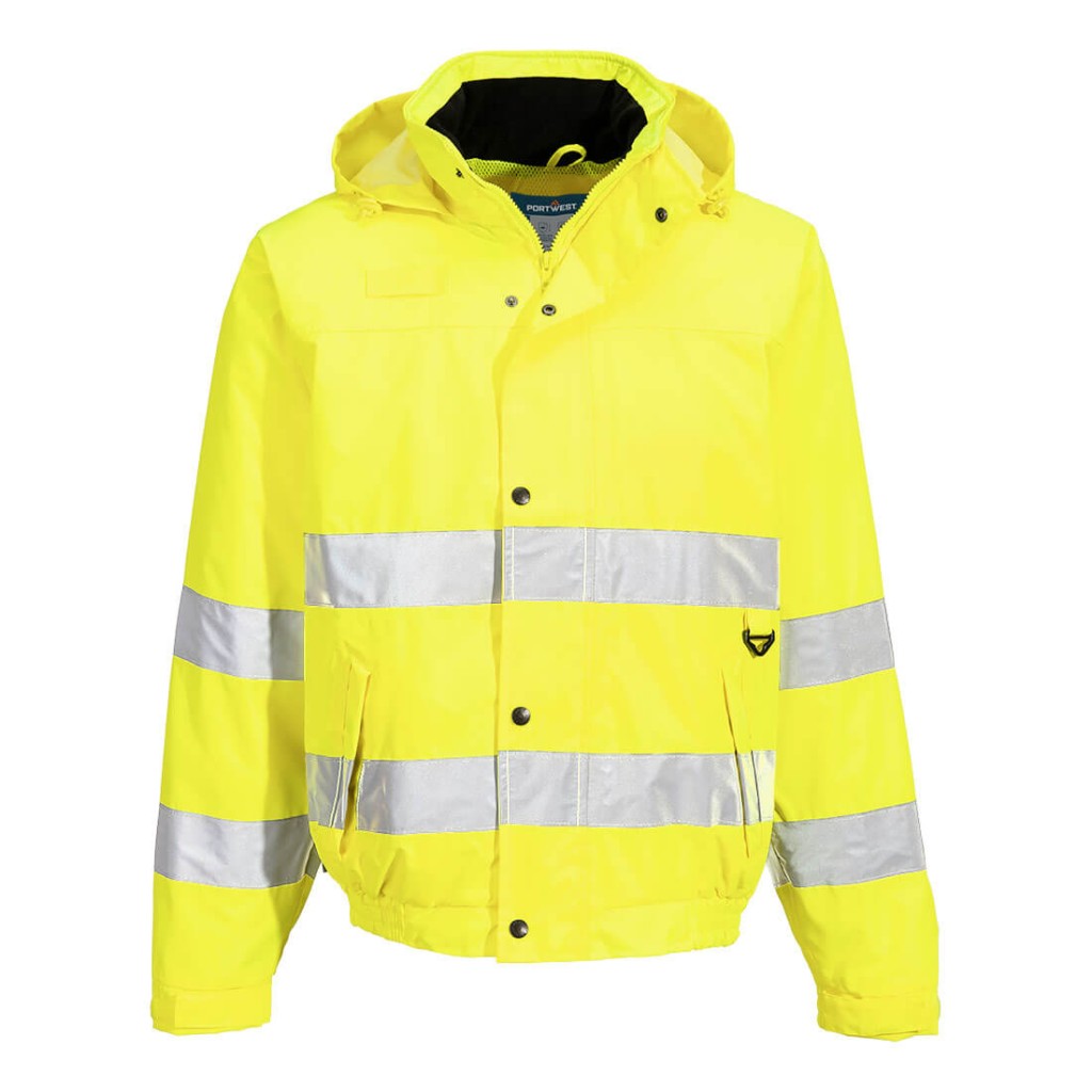 A high-visibility yellow waterproof jacket featuring retroreflective tape panels, suitable for a wide range of outdoor and site work applications.