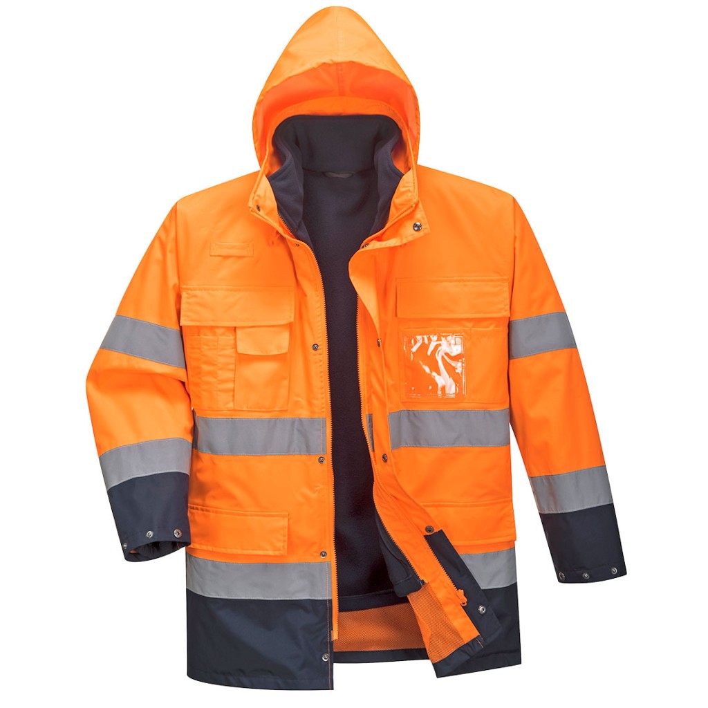 A high-visibility orange jacket featuring retroreflective tape panels, suitable for a wide range of outdoor and site work applications.