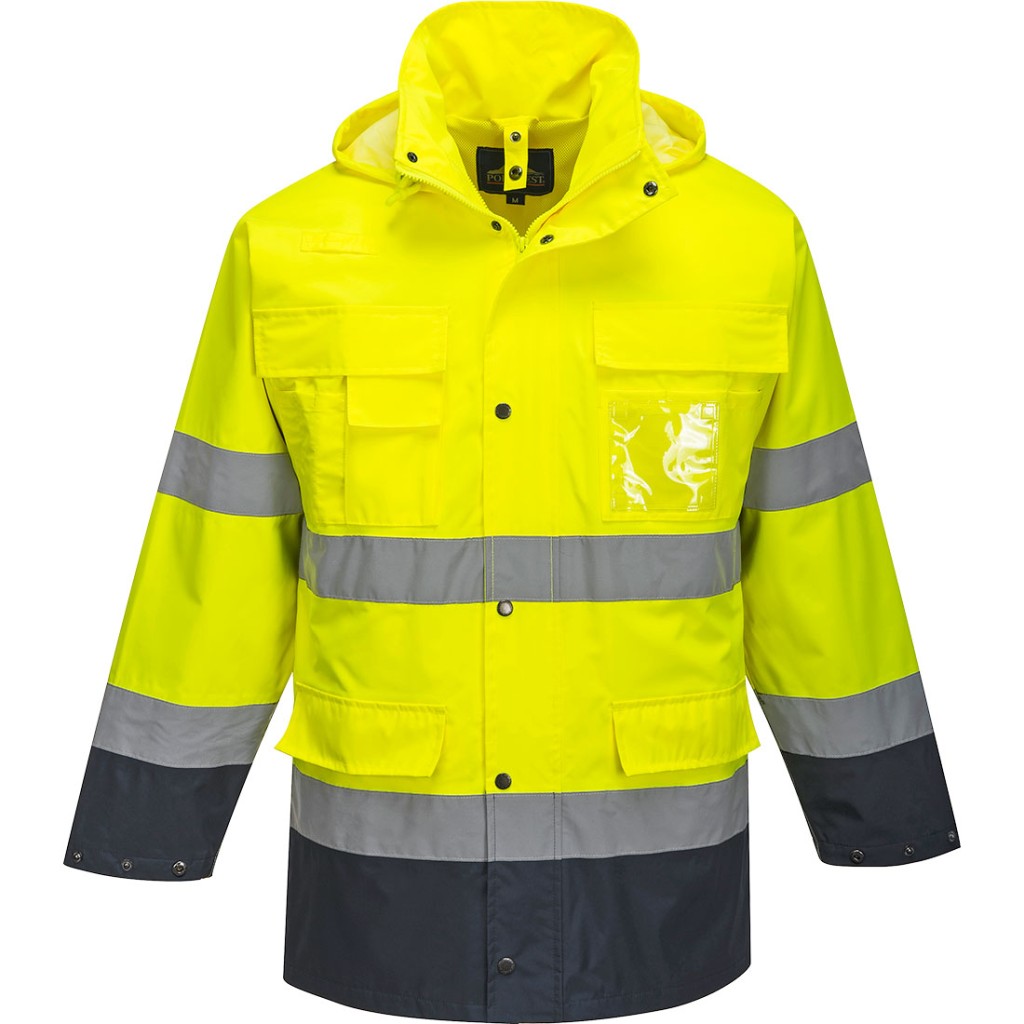 A high-visibility yellow jacket featuring retroreflective tape panels, suitable for a wide range of outdoor and site work applications.