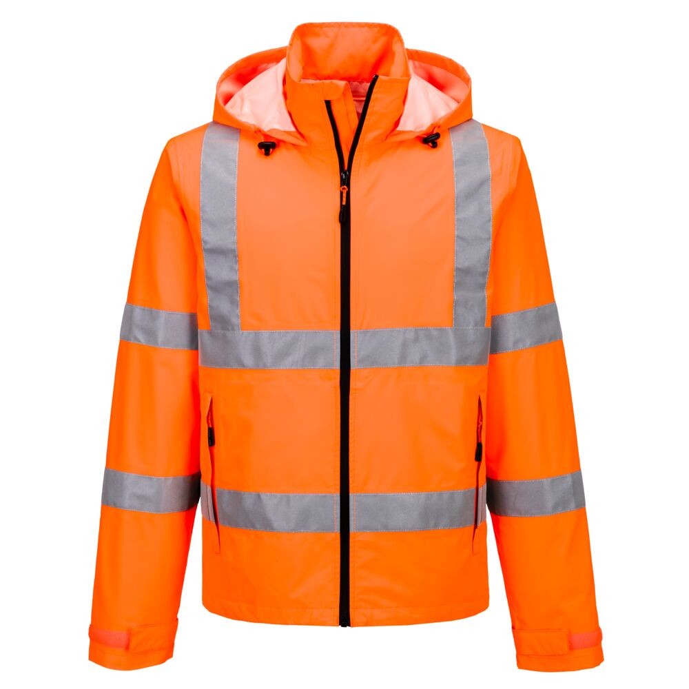 A high-visibility orange jacket featuring retroreflective tape panels, suitable for a wide range of outdoor and site work applications.