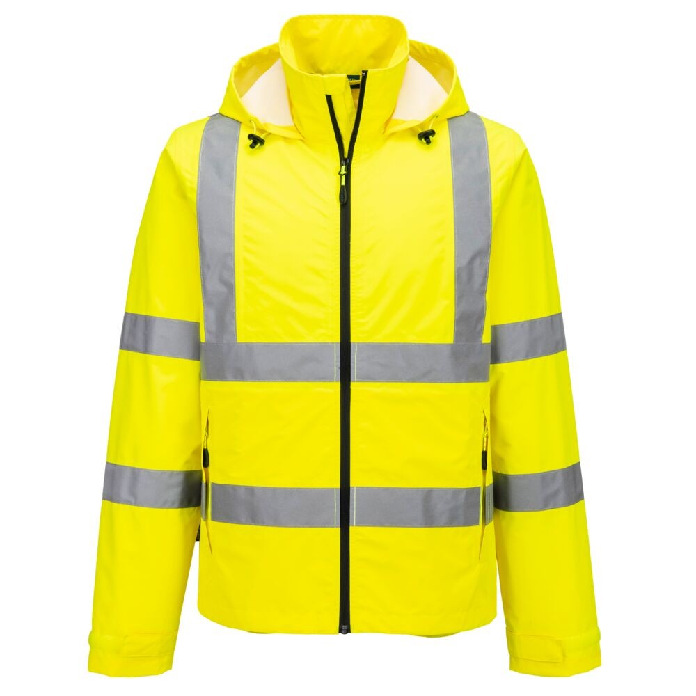 A high-visibility yellow jacket featuring retroreflective tape panels, suitable for a wide range of outdoor and site work applications.