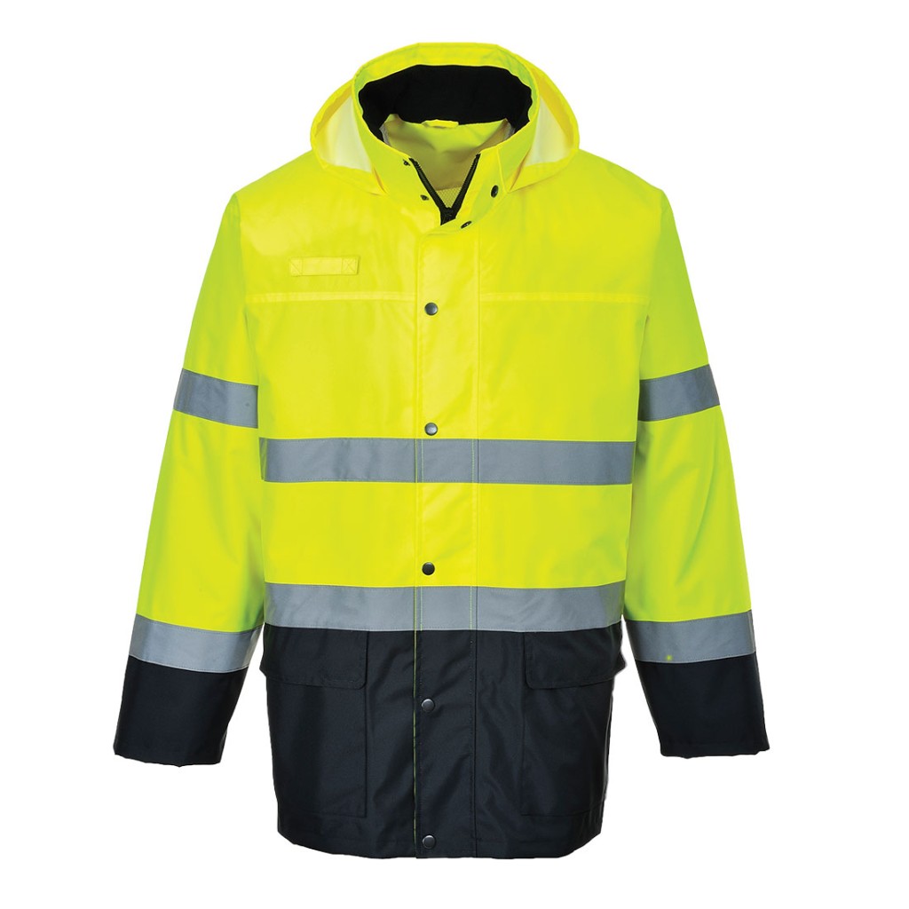 A high-visibility yellow waterproof jacket featuring retroreflective tape panels, suitable for a wide range of outdoor and site work applications.