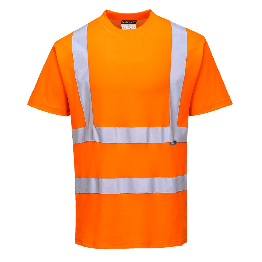A high-visibility orange work shirt featuring retroreflective tape panels, suitable for a wide range of outdoor and site work applications.