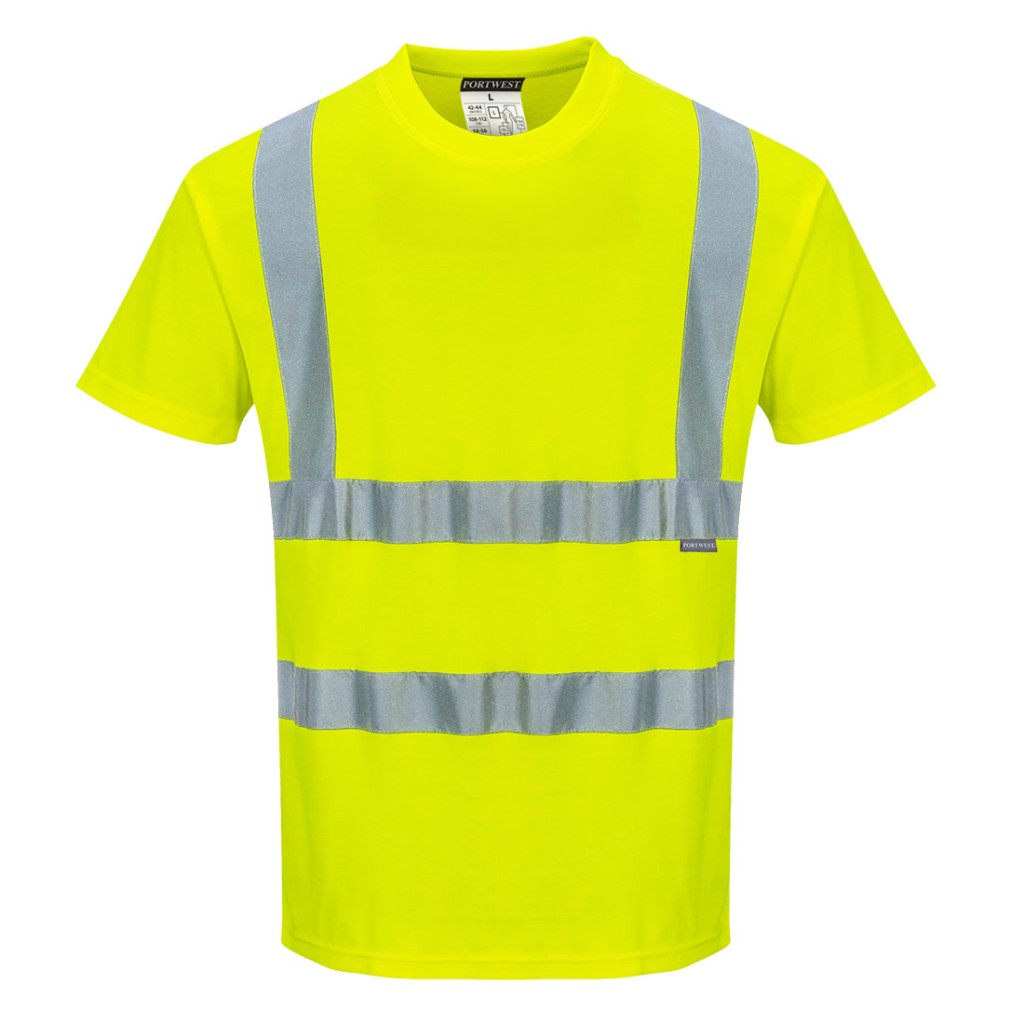 A high-visibility yellow work shirt featuring retroreflective tape panels, suitable for a wide range of outdoor and site work applications.