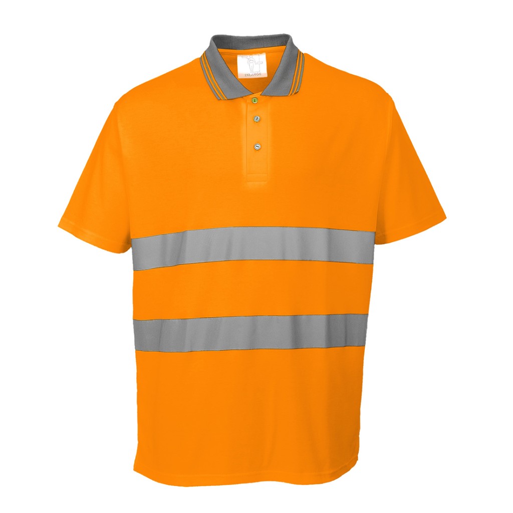 A high-visibility orange polo shirt featuring retroreflective tape panels, suitable for a wide range of outdoor and site work applications.