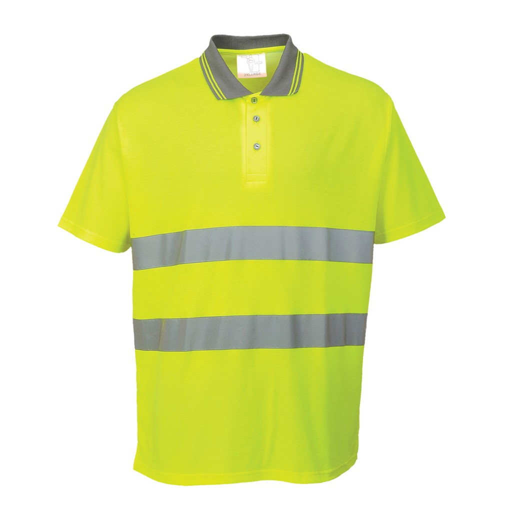 A high-visibility yellow polo shirt featuring retroreflective tape panels, suitable for a wide range of outdoor and site work applications.