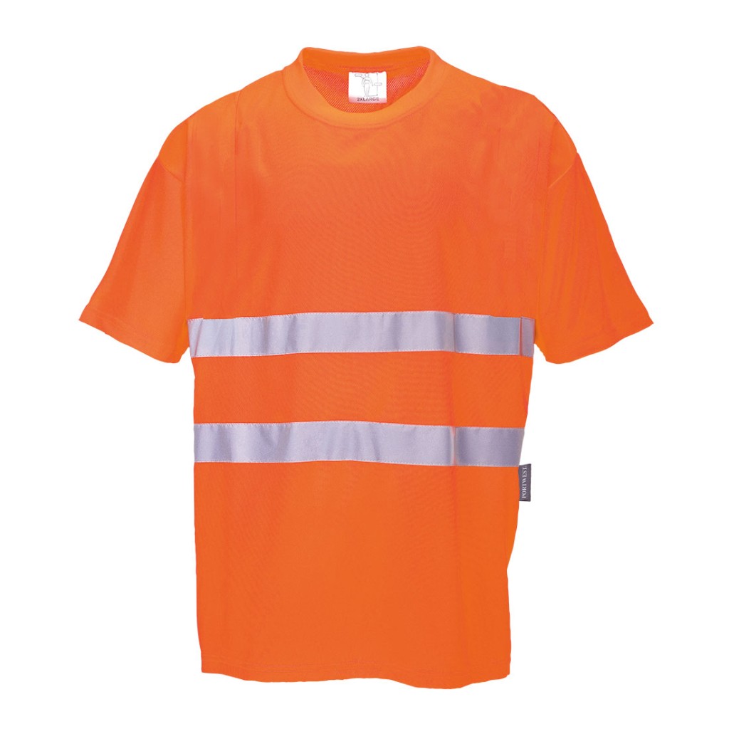 A high-visibility orange work shirt featuring retroreflective tape panels, suitable for a wide range of outdoor and site work applications.