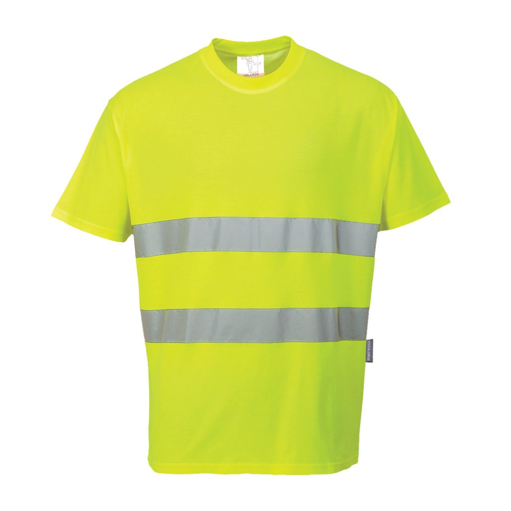 A high-visibility yellow work shirt featuring retroreflective tape panels, suitable for a wide range of outdoor and site work applications.