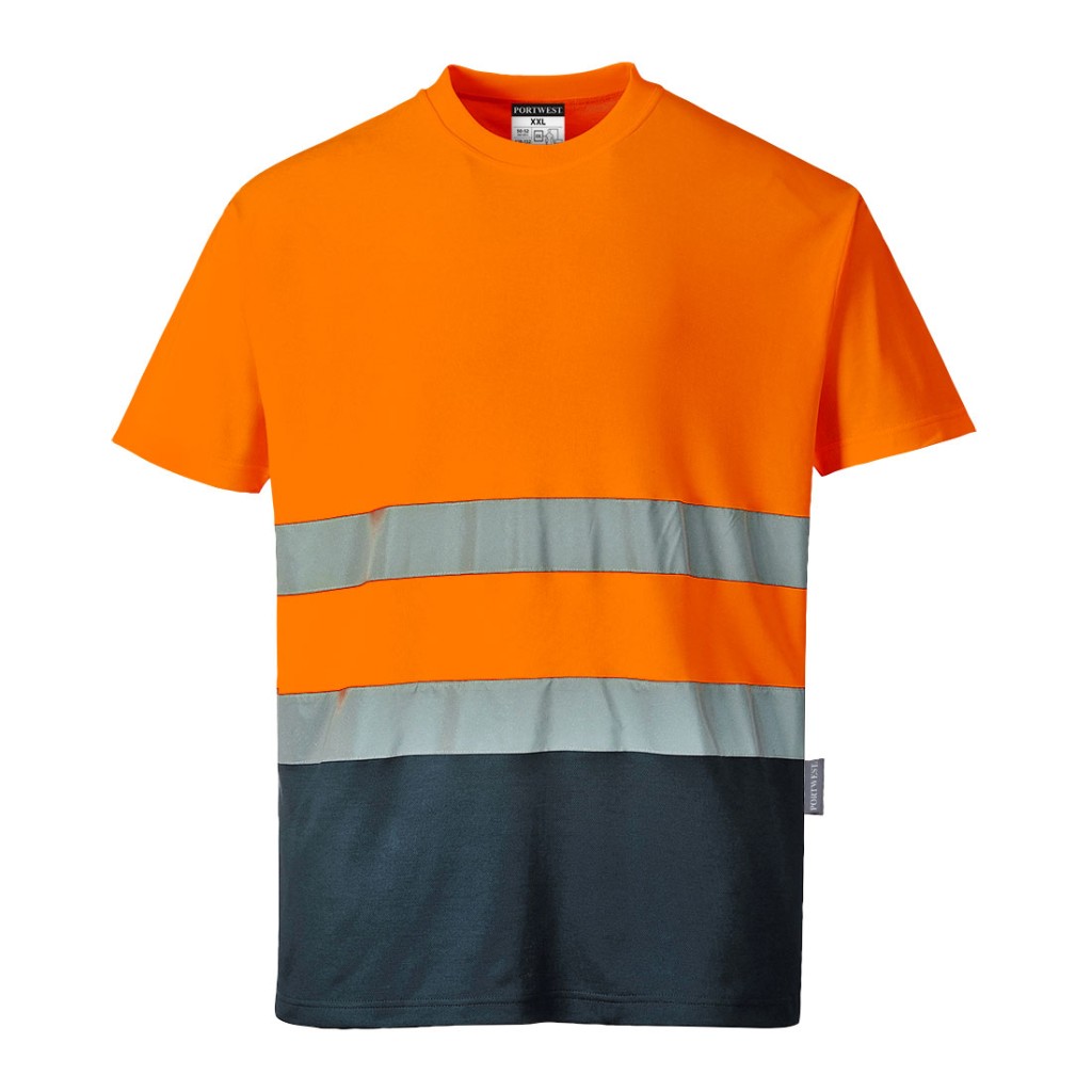 A high-visibility orange work shirt featuring retroreflective tape panels, suitable for a wide range of outdoor and site work applications.