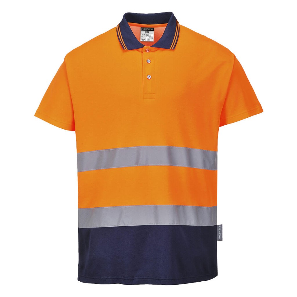 A high-visibility orange polo shirt featuring retroreflective tape panels, suitable for a wide range of outdoor and site work applications.