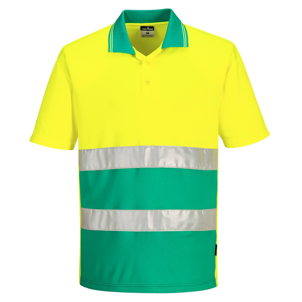 A high-visibility yellow polo shirt featuring retroreflective tape panels, suitable for a wide range of outdoor and site work applications.
