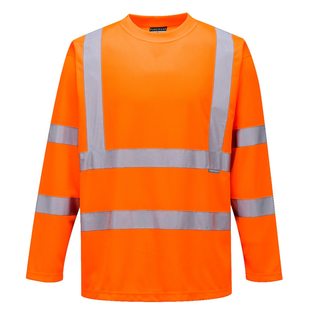 A high-visibility orange work shirt featuring retroreflective tape panels, suitable for a wide range of outdoor and site work applications.