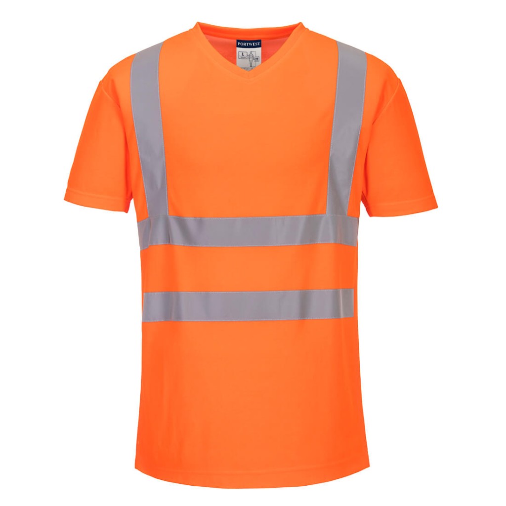 A high-visibility orange work shirt featuring retroreflective tape panels, suitable for a wide range of outdoor and site work applications.