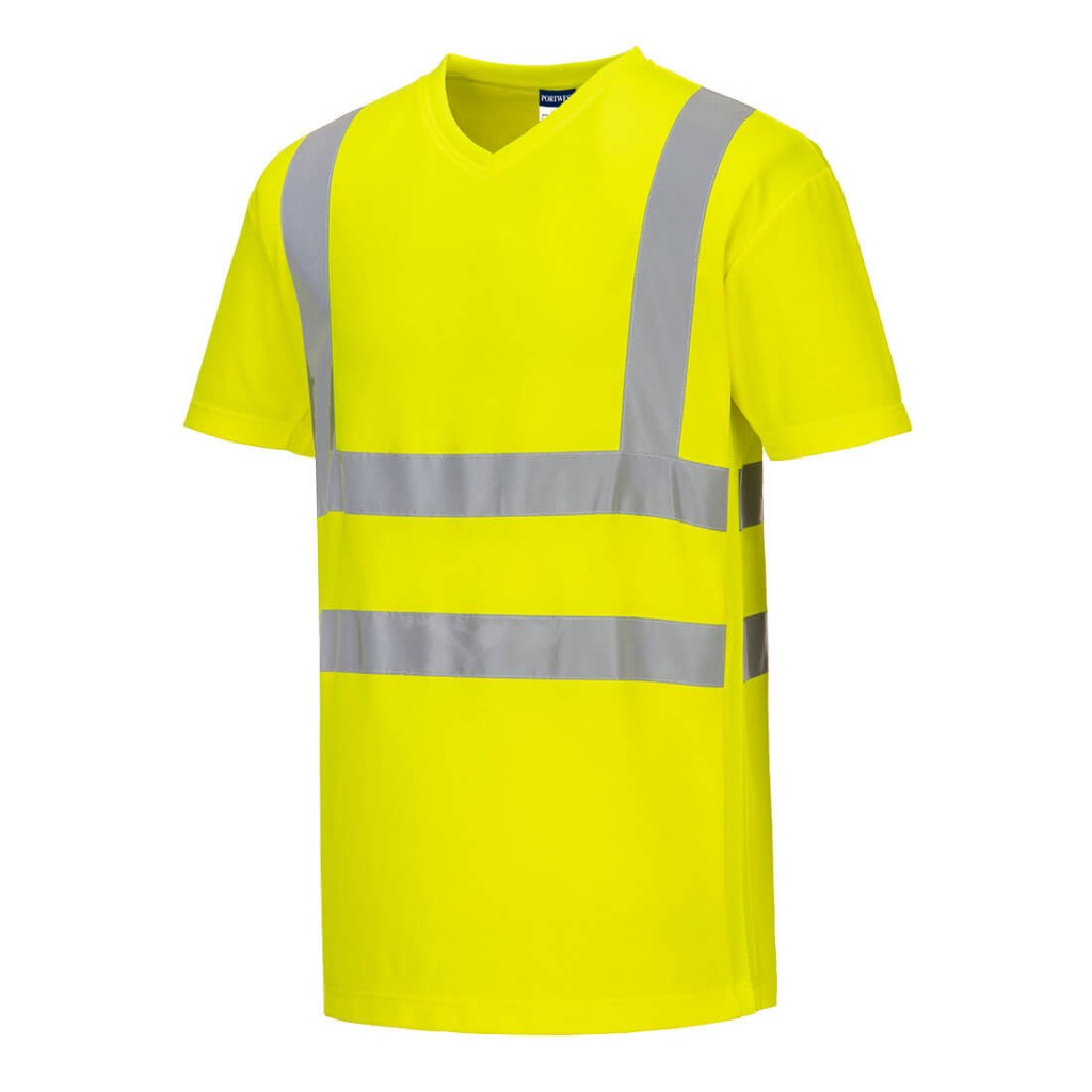 A high-visibility yellow work shirt featuring retroreflective tape panels, suitable for a wide range of outdoor and site work applications.