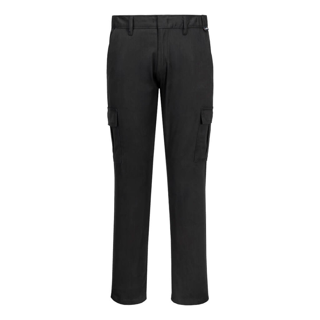 A pair of black work trousers featuring stretch panels for ease of movement, suitable for a wide range of outdoor and site work applications.