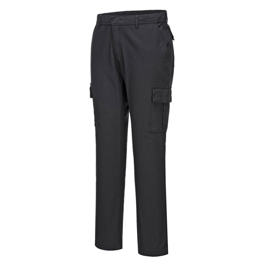 A pair of black work trousers featuring stretch panels for ease of movement, suitable for a wide range of outdoor and site work applications.