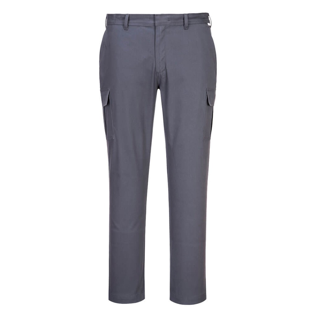 A pair of grey work trousers featuring stretch panels for ease of movement, suitable for a wide range of outdoor and site work applications.