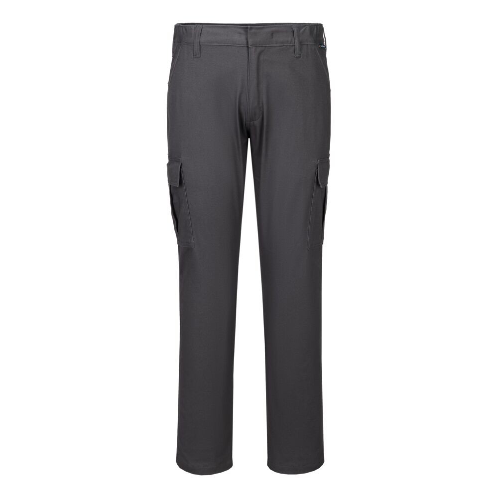 A pair of grey work trousers featuring stretch panels for ease of movement, suitable for a wide range of outdoor and site work applications.