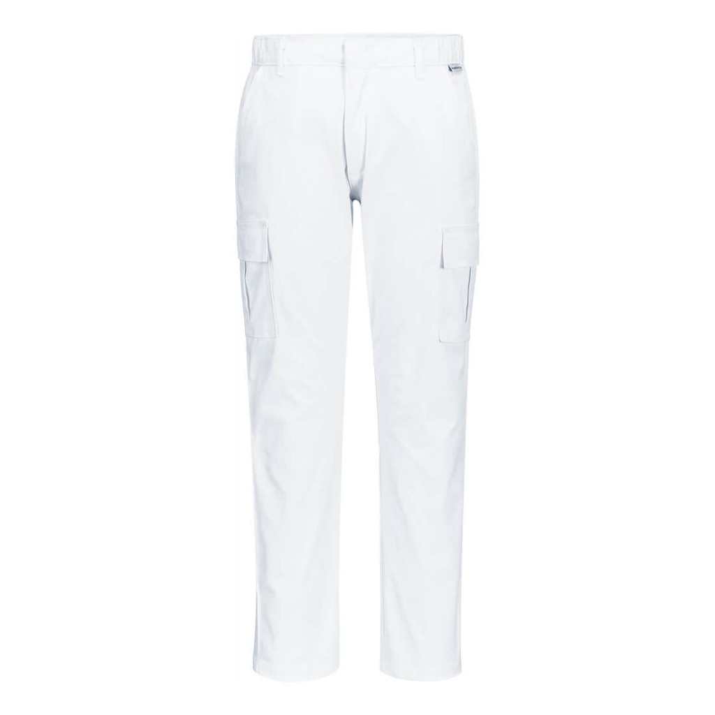 A pair of white work trousers featuring stretch panels for ease of movement, suitable for a wide range of outdoor and site work applications.