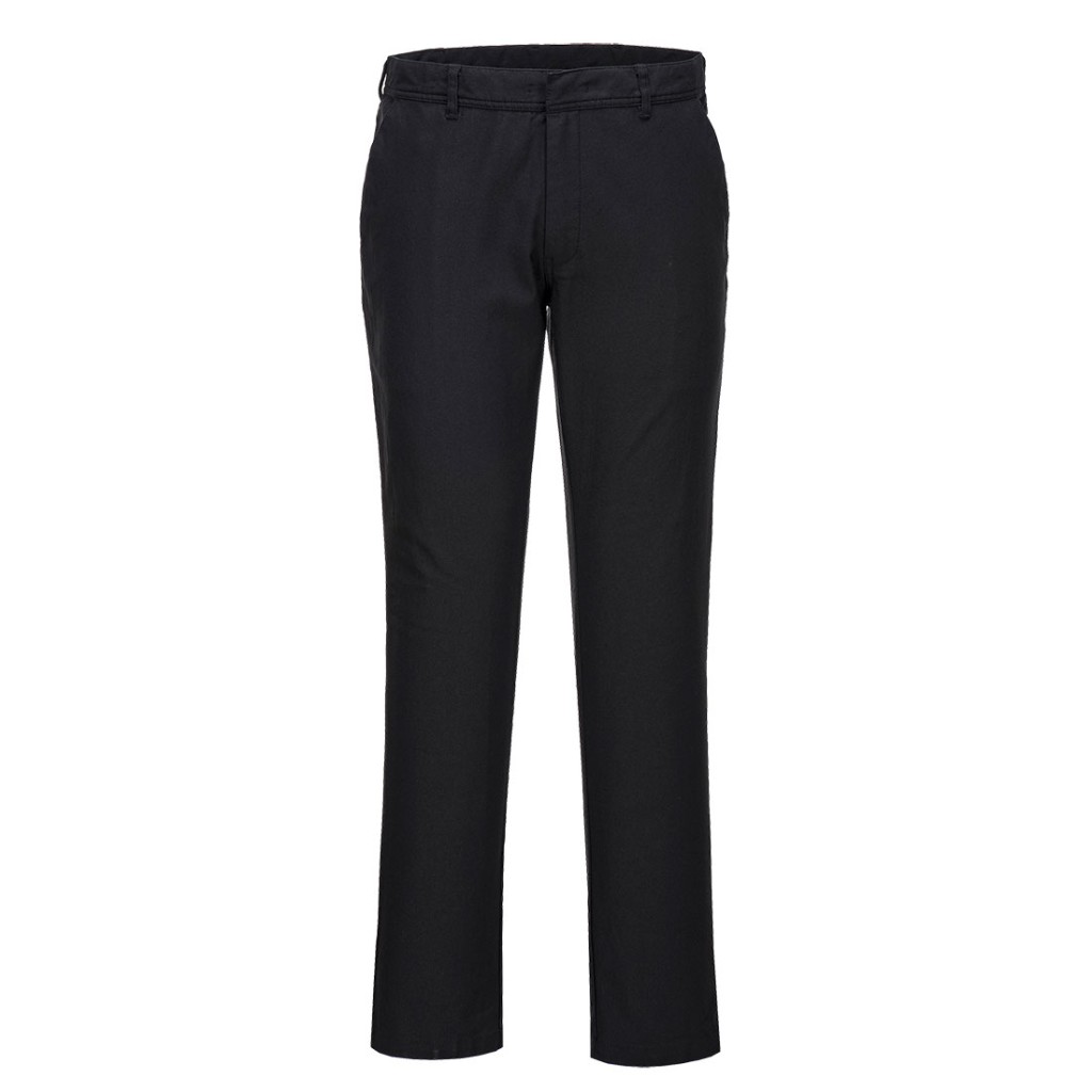A pair of black work trousers featuring stretch panels for ease of movement, suitable for a wide range of outdoor and site work applications.