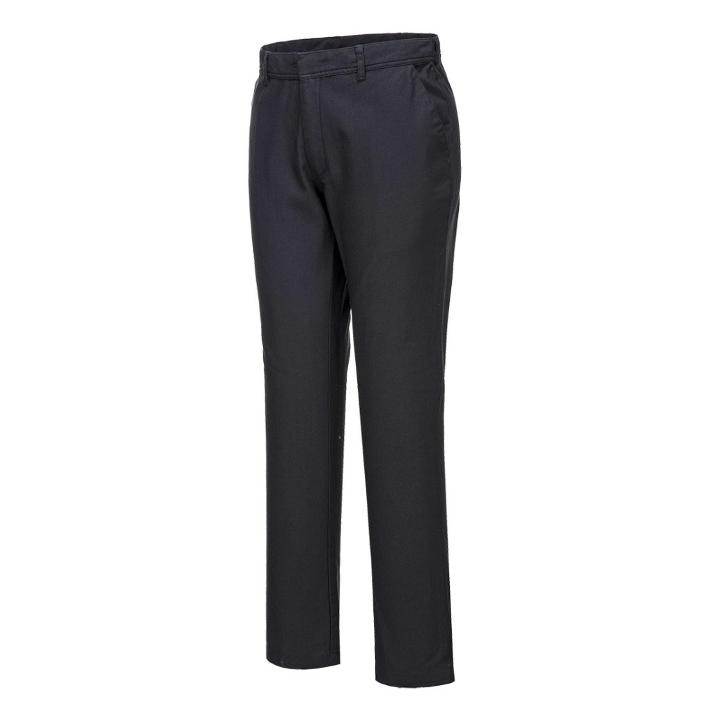 A pair of black work trousers featuring stretch panels for ease of movement, suitable for a wide range of outdoor and site work applications.