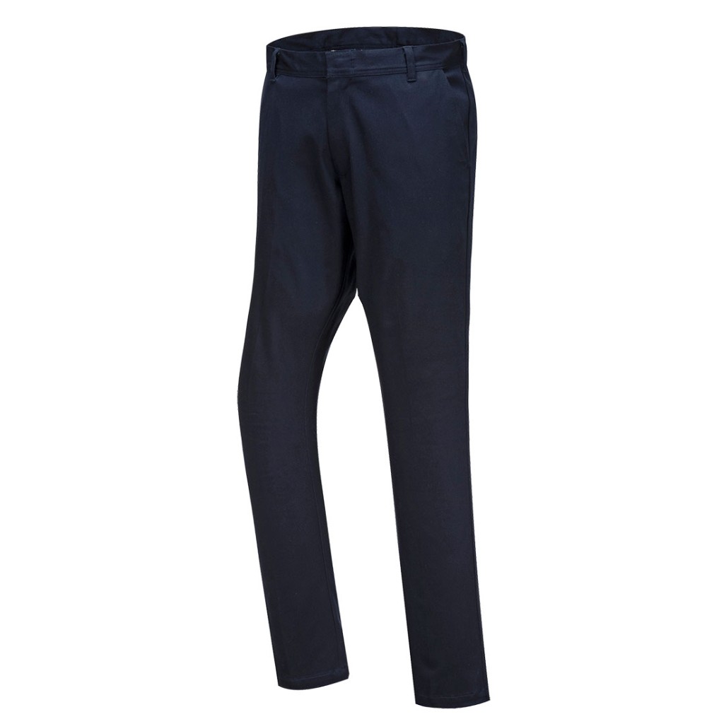 A pair of navy blue work trousers featuring stretch panels for ease of movement, suitable for a wide range of outdoor and site work applications.