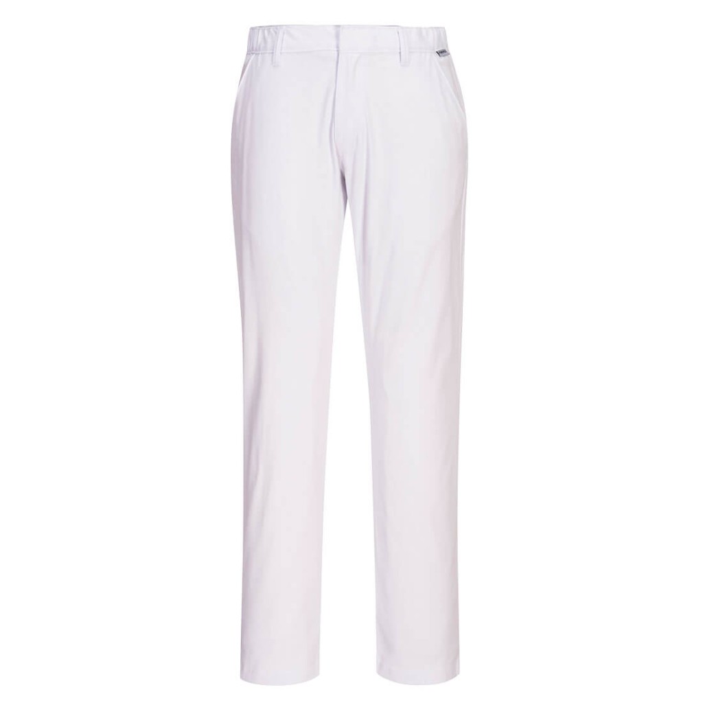 A pair of white work trousers featuring stretch panels for ease of movement, suitable for a wide range of outdoor and site work applications.