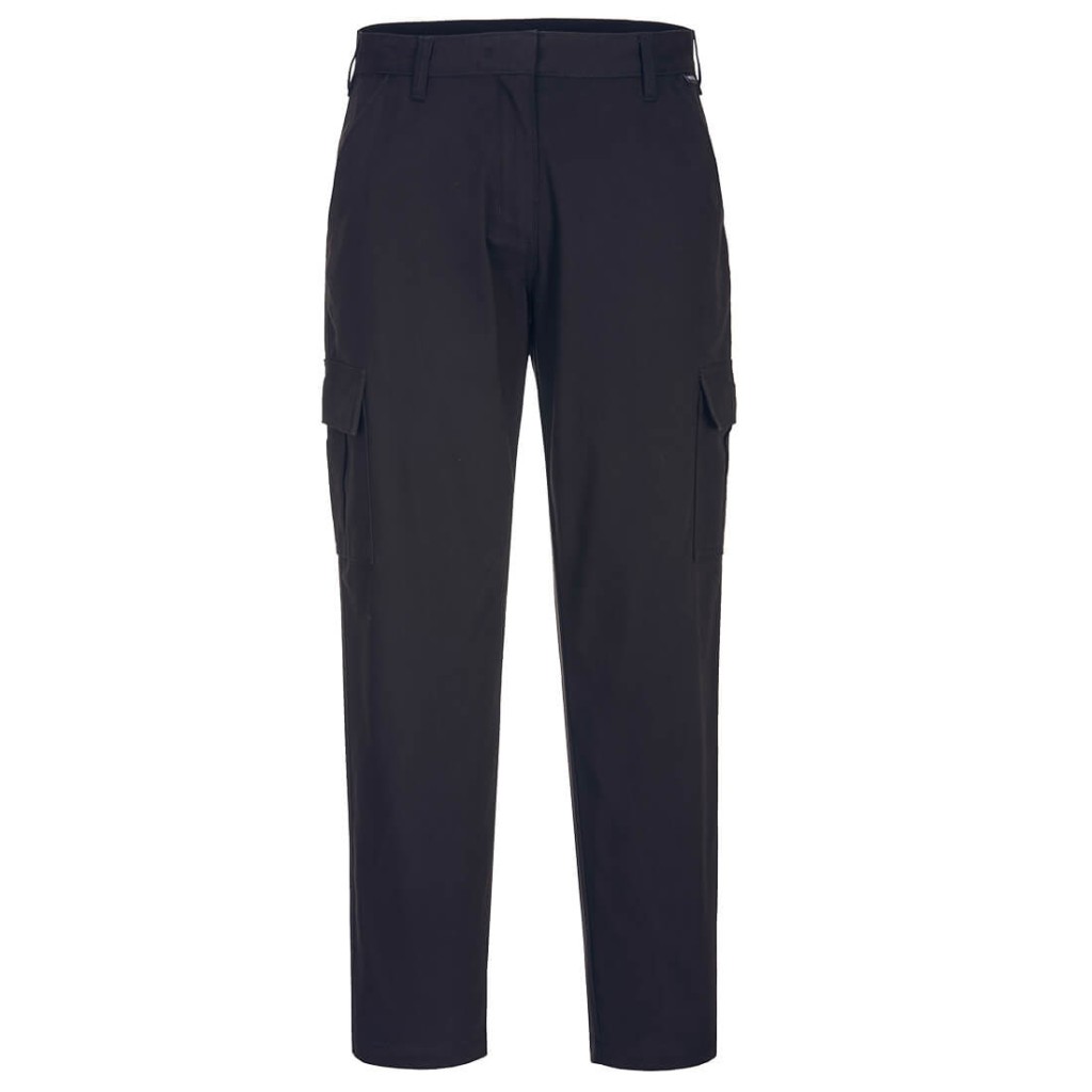 A pair of women's black work trousers featuring stretch panels for ease of movement, suitable for a wide range of outdoor and site work applications.