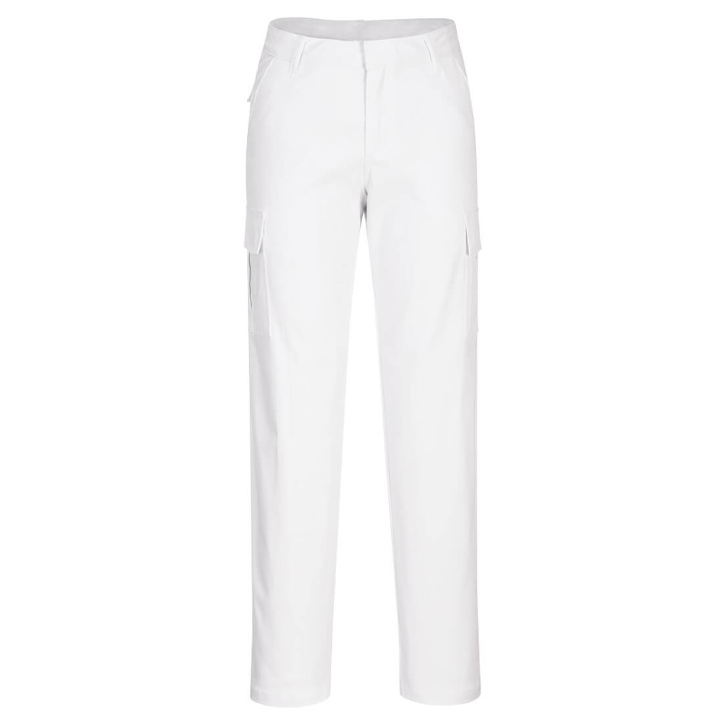 A pair of women's white work trousers featuring stretch panels for ease of movement, suitable for a wide range of outdoor and site work applications.