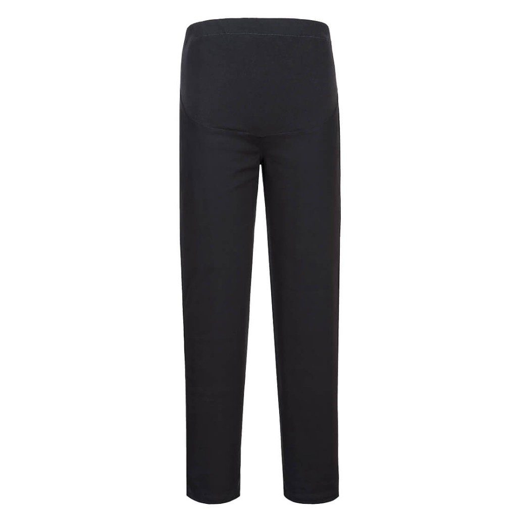 A pair of black work trousers featuring stretch panels for ease of movement, suitable for a wide range of outdoor and site work applications.