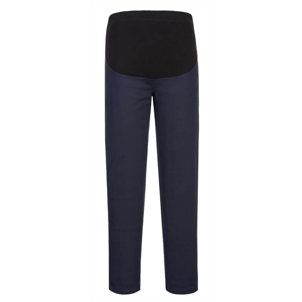 A pair of navy blue work trousers featuring stretch panels for ease of movement, suitable for a wide range of outdoor and site work applications.
