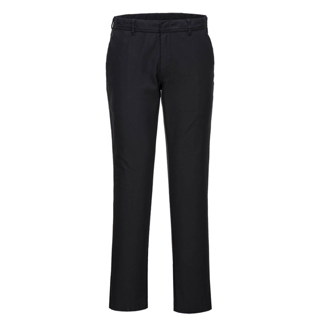 A pair of women's black work trousers featuring stretch panels for ease of movement, suitable for a wide range of outdoor and site work applications.