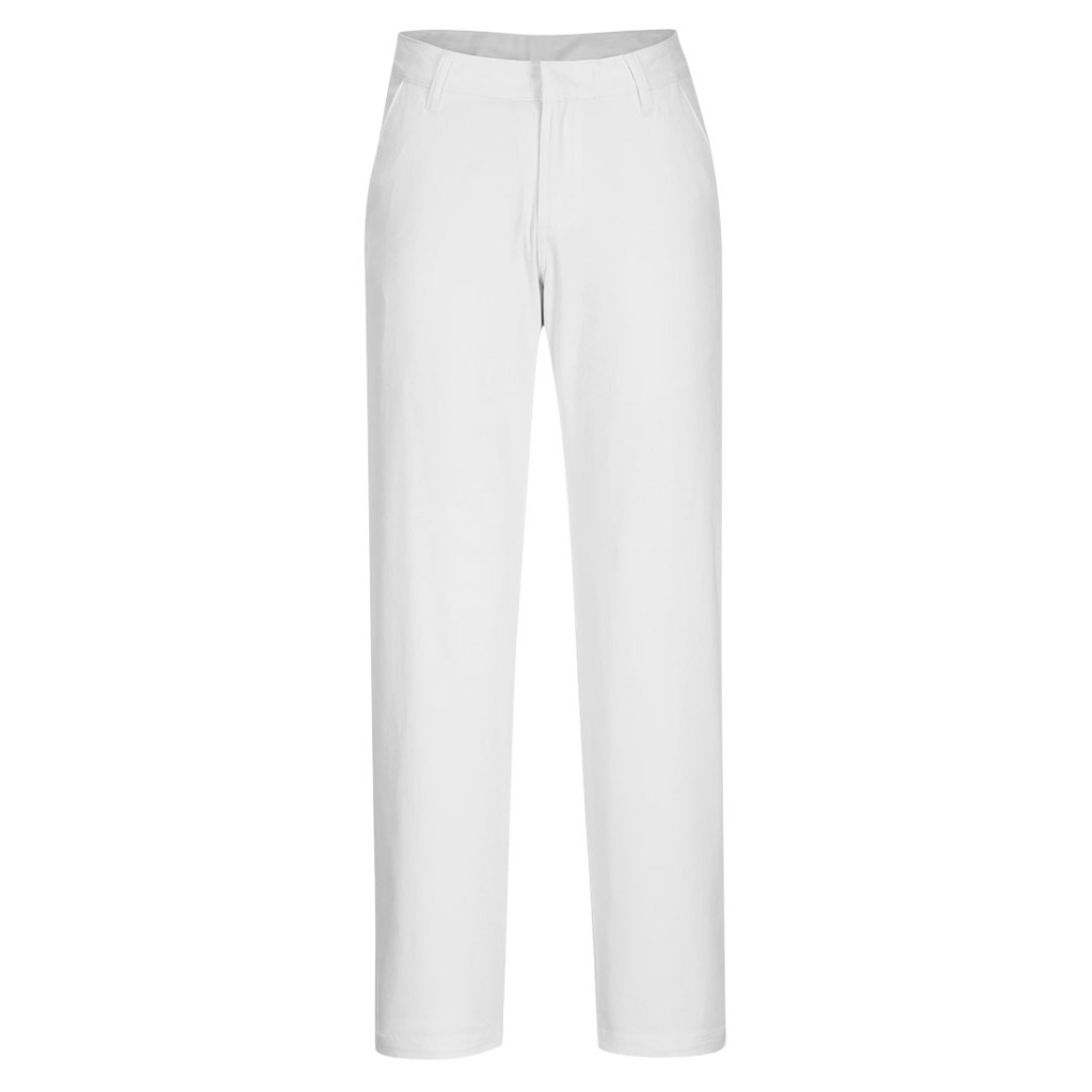 A pair of women's white work trousers featuring stretch panels for ease of movement, suitable for a wide range of outdoor and site work applications.