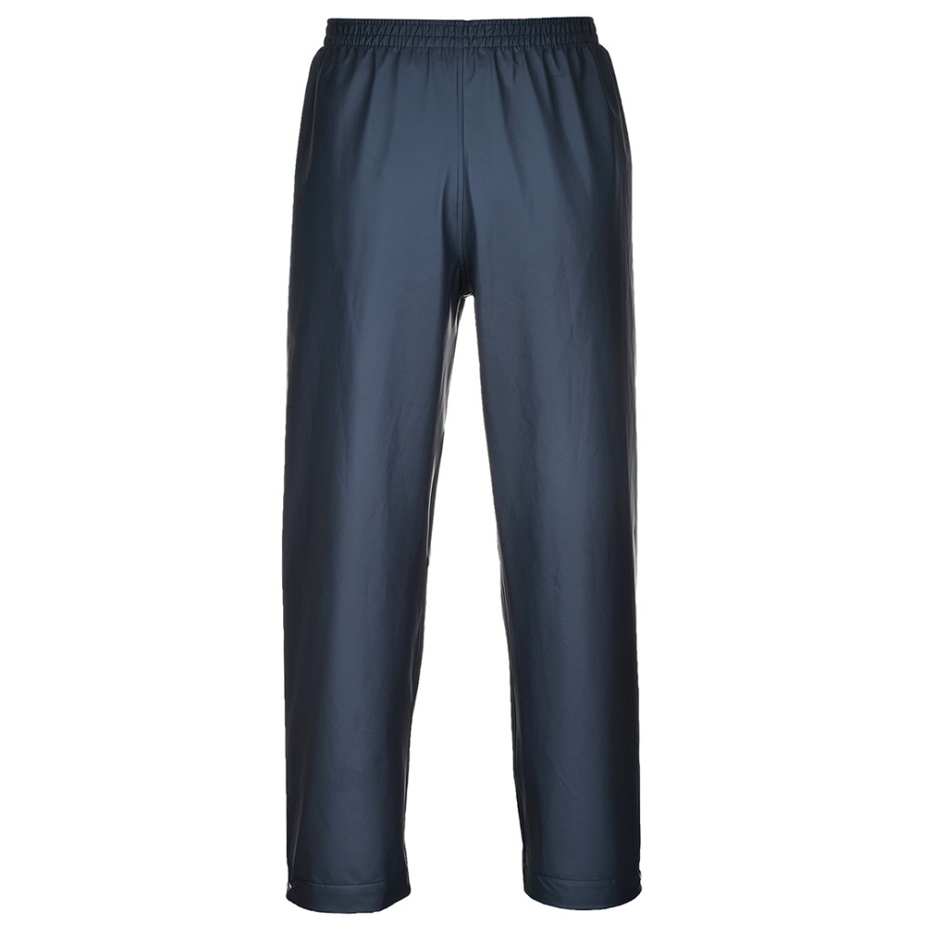 A pair of navy blue work trousers designed for use on construction sites and in industrial work environments.,