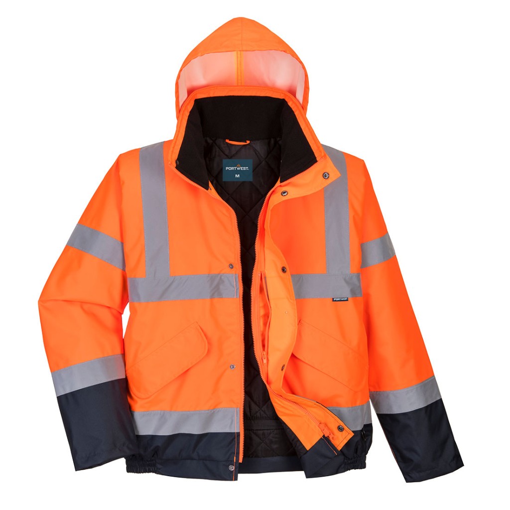 A high-visibility orange jacket featuring retroreflective tape panels, suitable for a wide range of outdoor and site work applications.