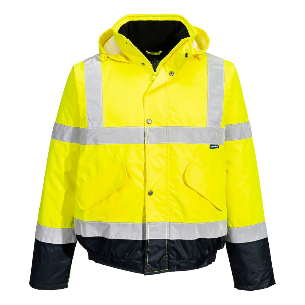 A high-visibility yellow jacket featuring retroreflective tape panels, suitable for a wide range of outdoor and site work applications.