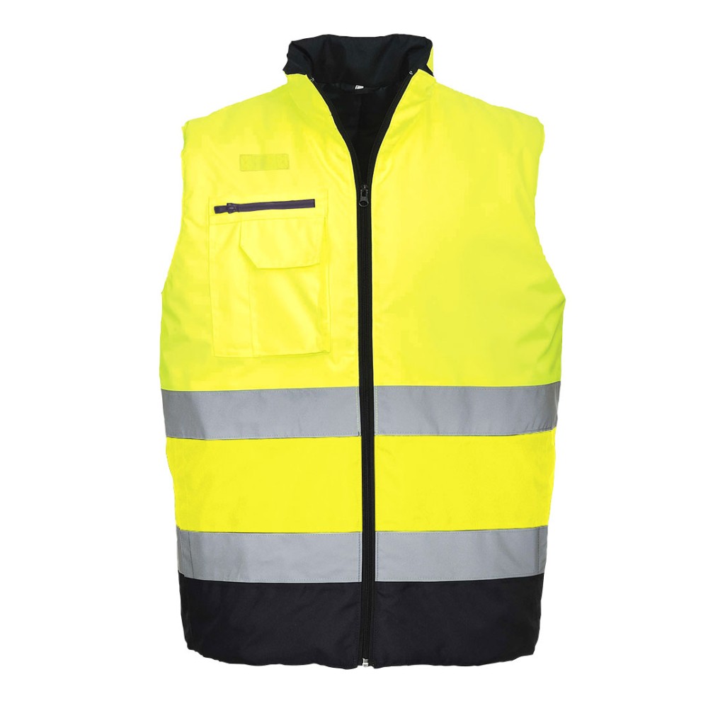 A high-visibility yellow workwear garment featuring retroreflective tape panels, suitable for a wide range of outdoor and site work applications.